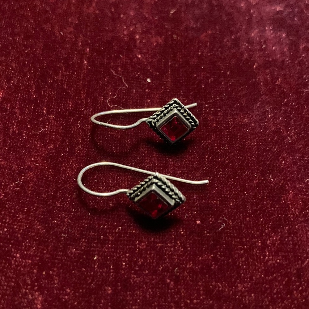 Sterling Silver And Garnet Colored Glass Earrings